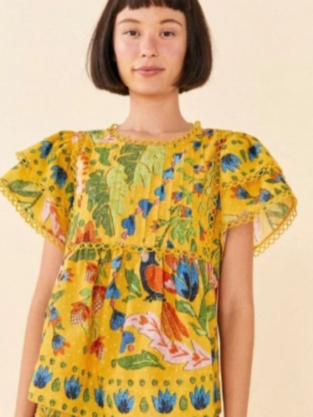 Farm Rio Summer Garden blouse Small yellow floral print tiered sleeves